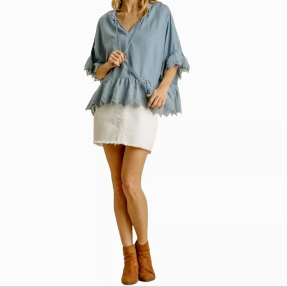Umgee Linen Blend Top Boxy Ruffle Sleeve &‎ Hem M Blue #359F